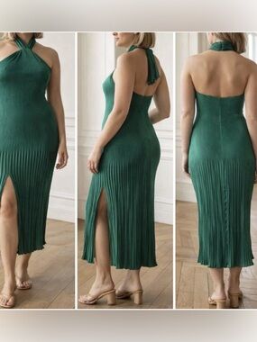 L’IDEE Pleated Soirée Halter Midi Dress Emerald Green Wedding Guest